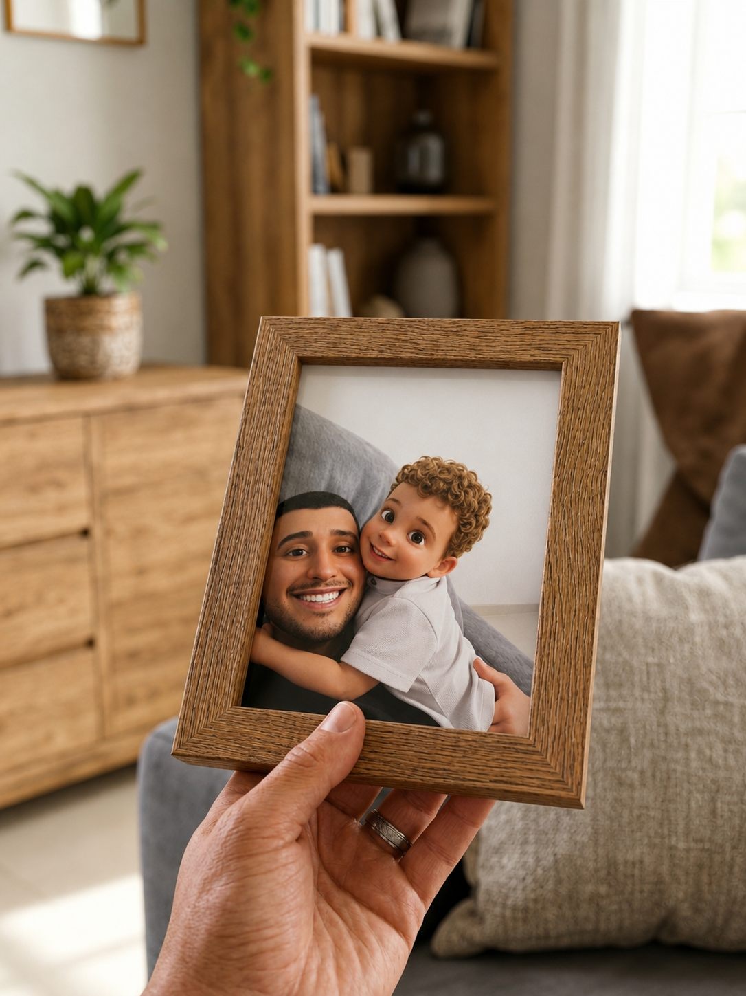 Retrato artístico criado por IA do pai e filho, impresso e emoldurado